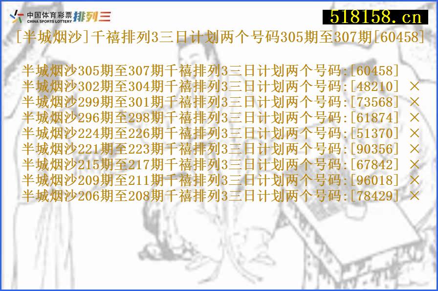 [半城烟沙]千禧排列3三日计划两个号码305期至307期[60458]