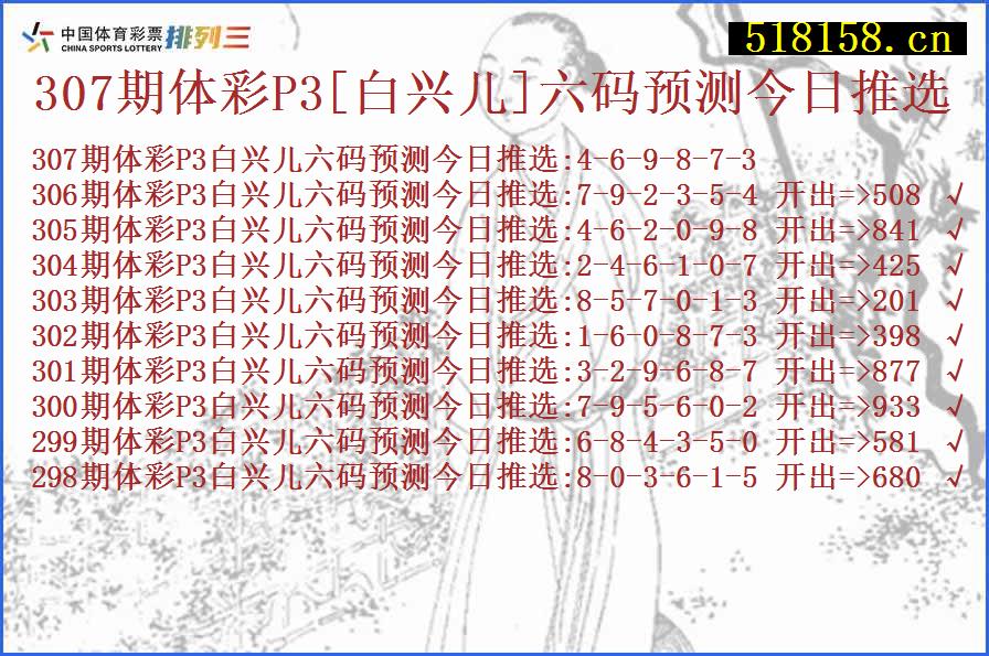 307期体彩P3[白兴儿]六码预测今日推选