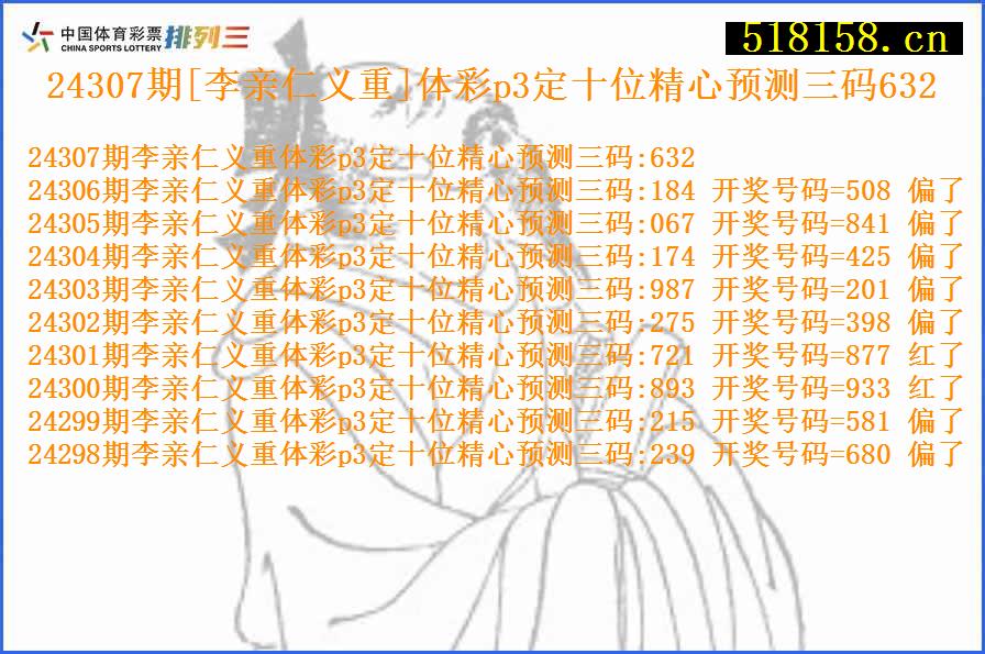 24307期[李亲仁义重]体彩p3定十位精心预测三码632