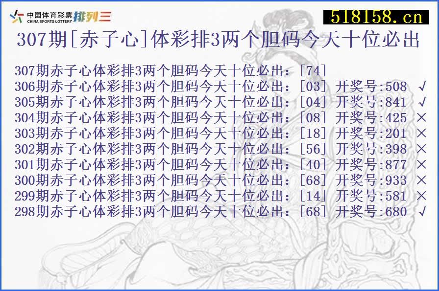 307期[赤子心]体彩排3两个胆码今天十位必出