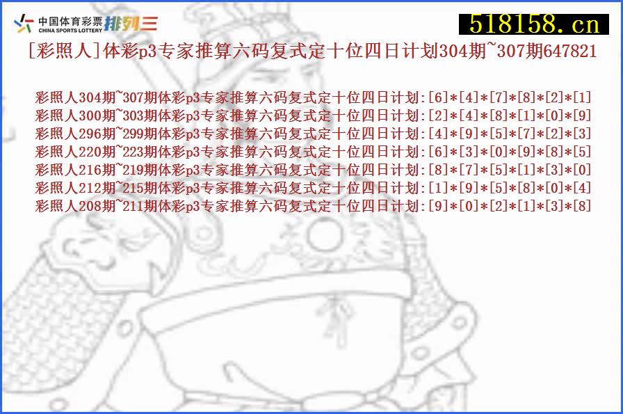 [彩照人]体彩p3专家推算六码复式定十位四日计划304期~307期647821