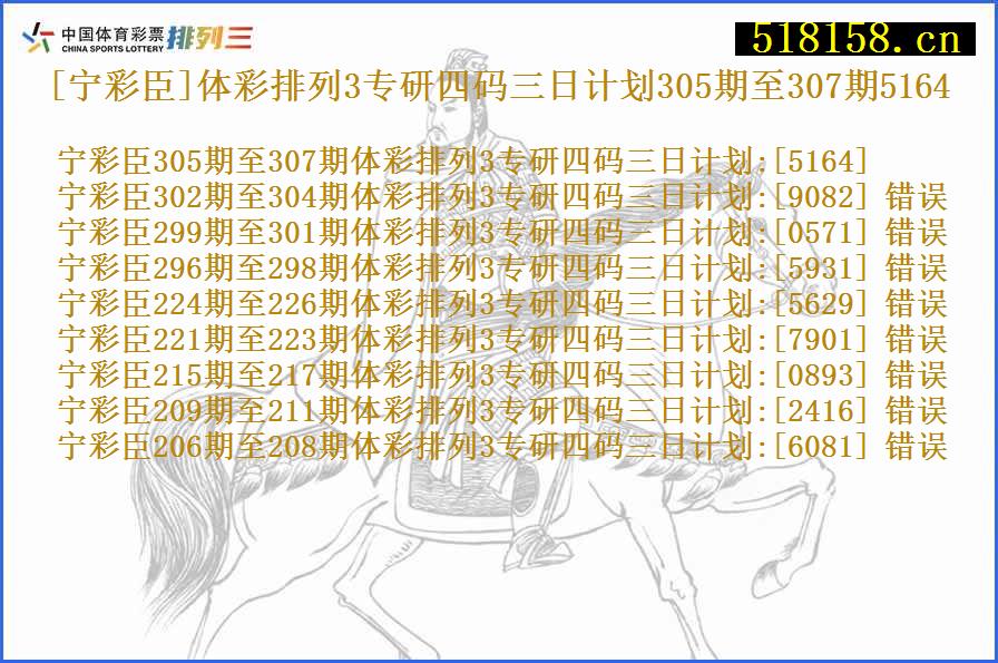 [宁彩臣]体彩排列3专研四码三日计划305期至307期5164