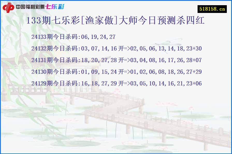 133期七乐彩[渔家傲]大师今日预测杀四红