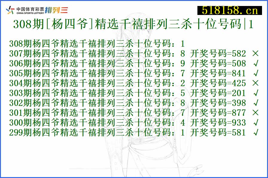 308期[杨四爷]精选千禧排列三杀十位号码|1