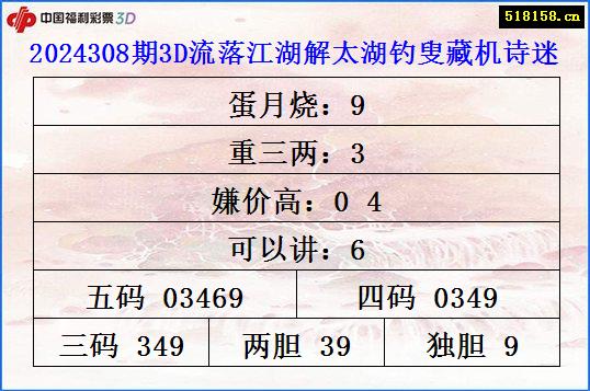 2024308期3D流落江湖解太湖钓叟藏机诗迷