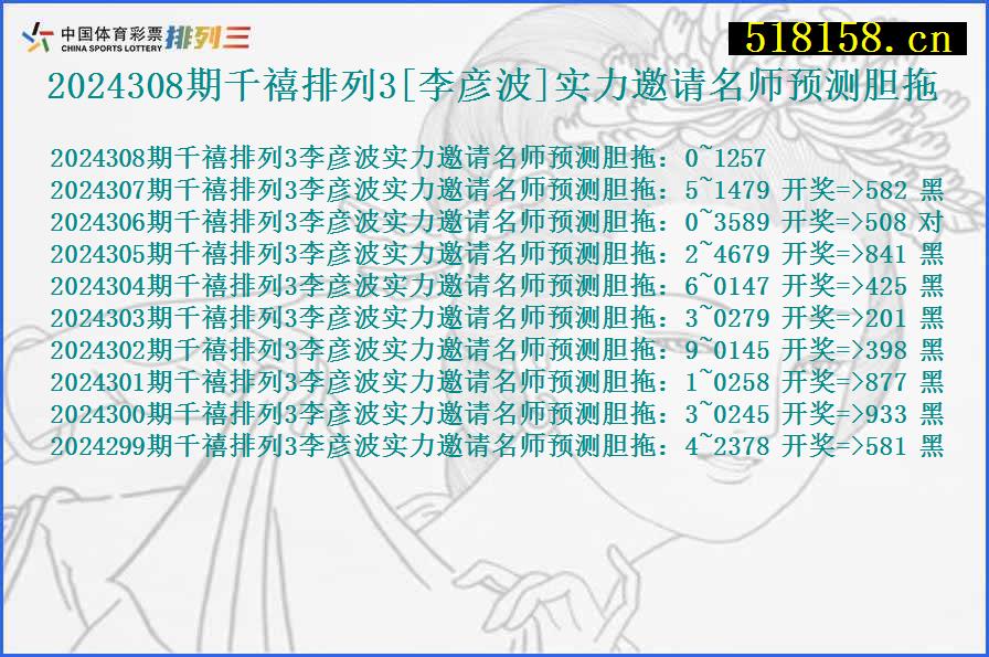 2024308期千禧排列3[李彦波]实力邀请名师预测胆拖