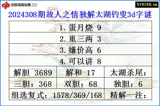 2024308期故人之情独解太湖钓叟3d字谜