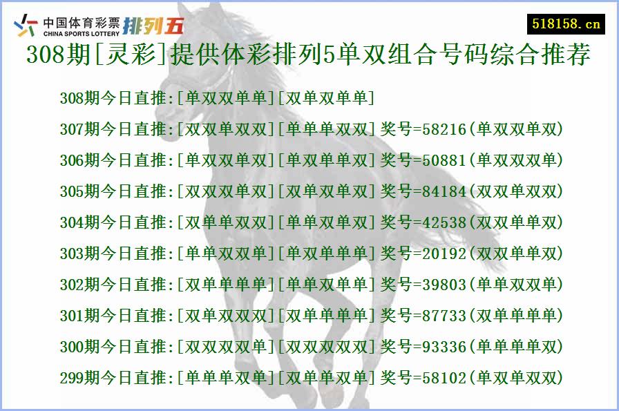 308期[灵彩]提供体彩排列5单双组合号码综合推荐