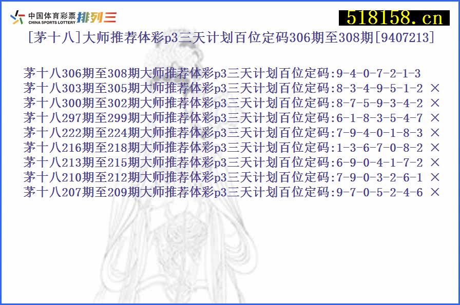 [茅十八]大师推荐体彩p3三天计划百位定码306期至308期[9407213]