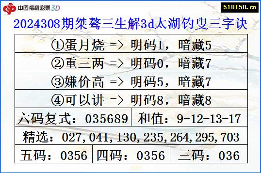 2024308期桀骜三生解3d太湖钓叟三字诀