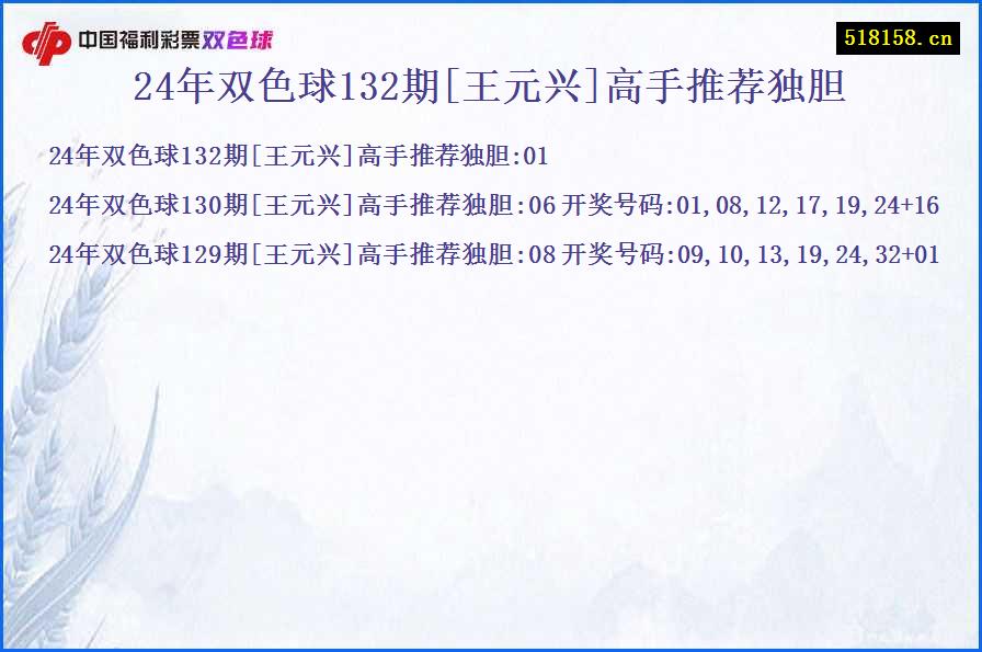 24年双色球132期[王元兴]高手推荐独胆