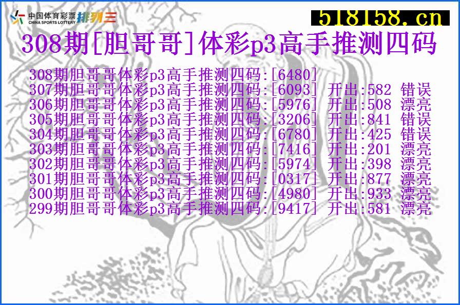 308期[胆哥哥]体彩p3高手推测四码