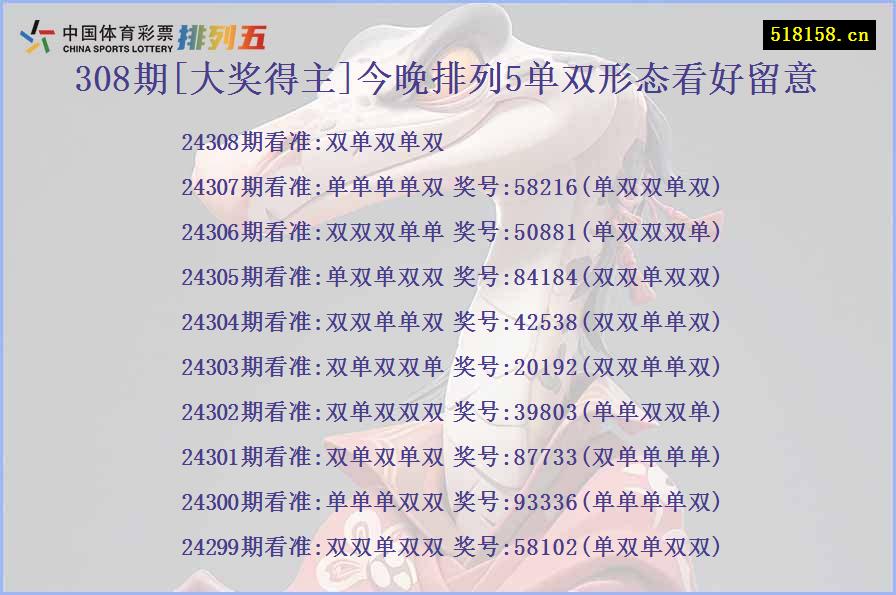 308期[大奖得主]今晚排列5单双形态看好留意