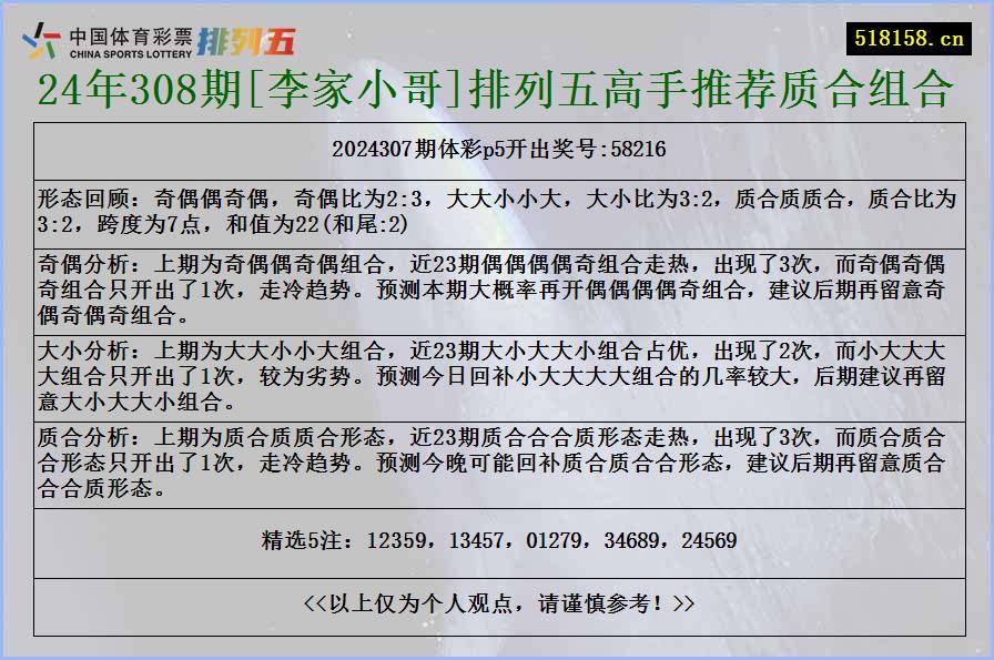 24年308期[李家小哥]排列五高手推荐质合组合