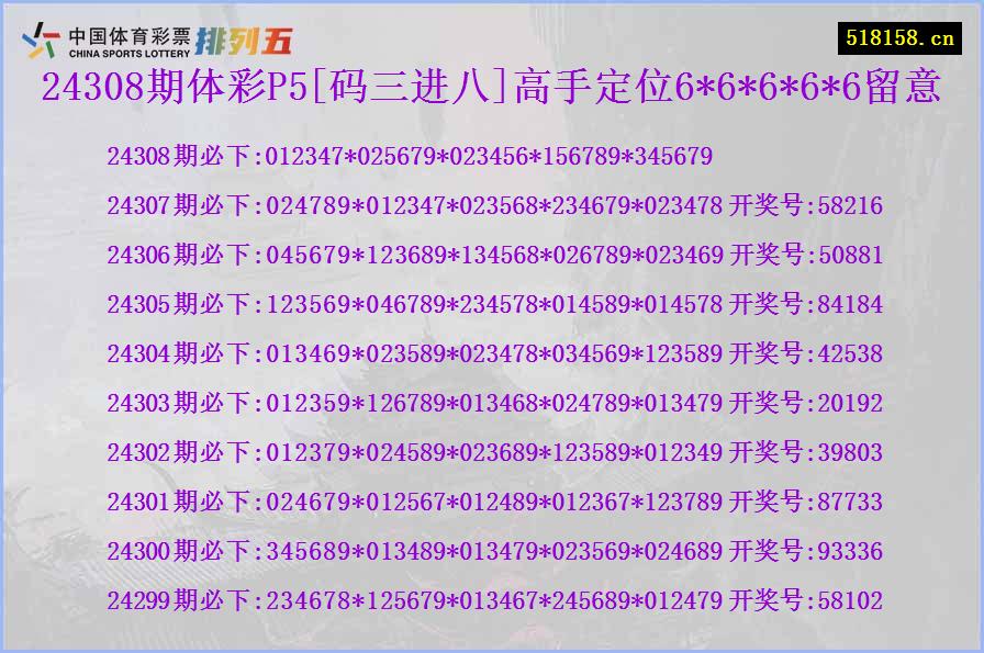 24308期体彩P5[码三进八]高手定位6*6*6*6*6留意