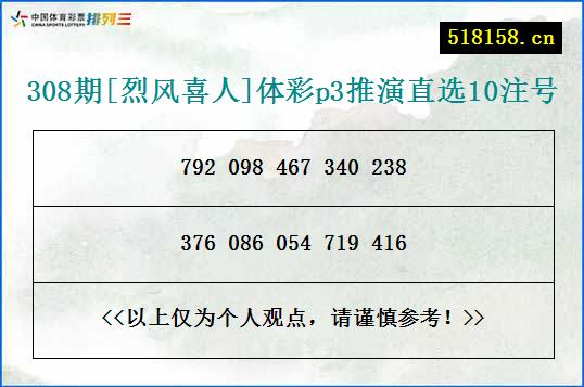 308期[烈风喜人]体彩p3推演直选10注号