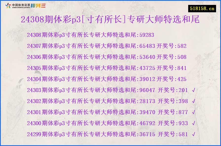 24308期体彩p3[寸有所长]专研大师特选和尾