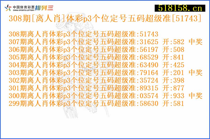 308期[离人肖]体彩p3个位定号五码超级准[51743]