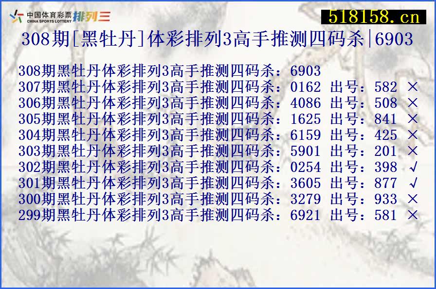 308期[黑牡丹]体彩排列3高手推测四码杀|6903