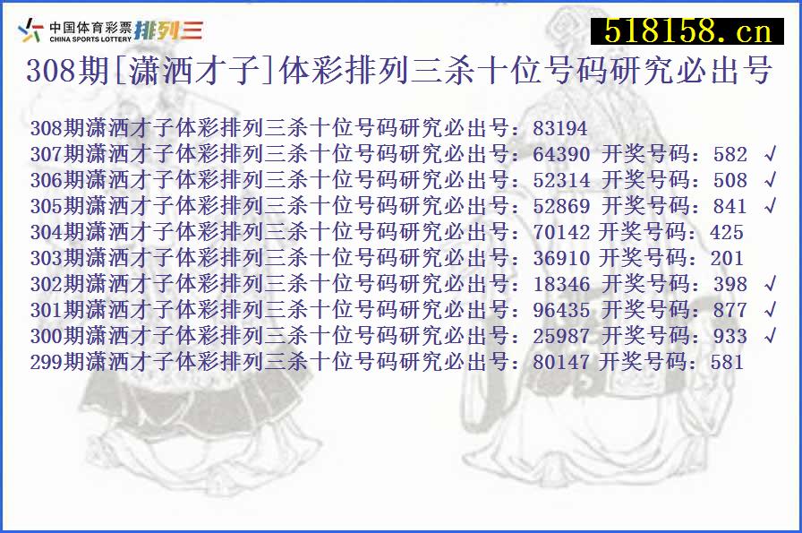 308期[潇洒才子]体彩排列三杀十位号码研究必出号