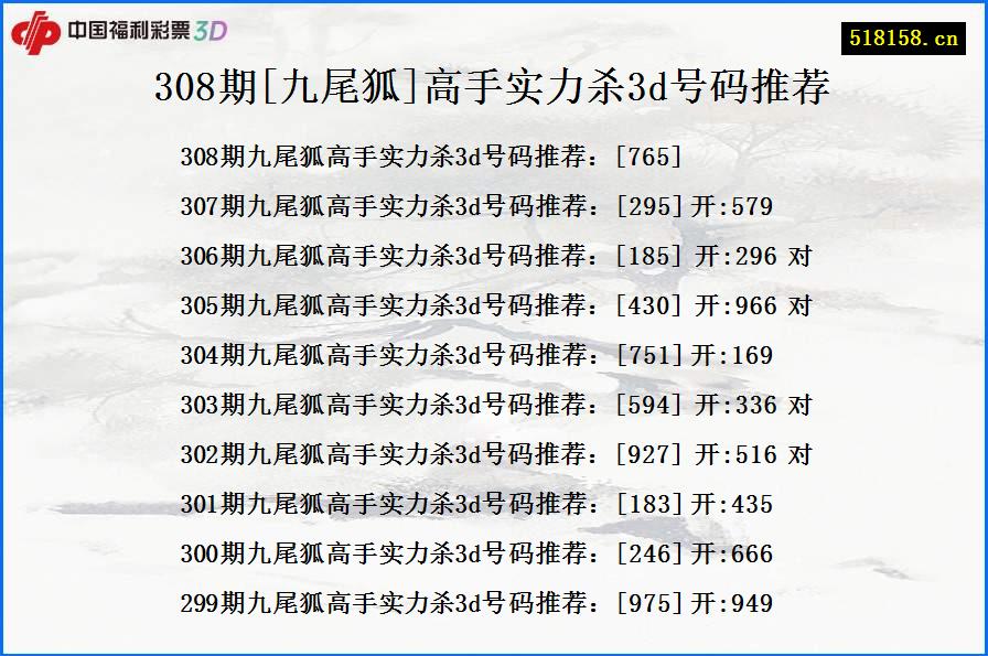 308期[九尾狐]高手实力杀3d号码推荐