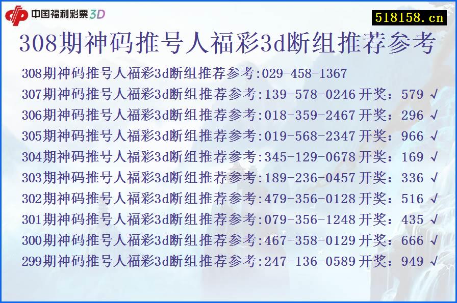 308期神码推号人福彩3d断组推荐参考