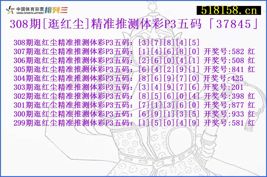 308期[逛红尘]精准推测体彩P3五码「37845」