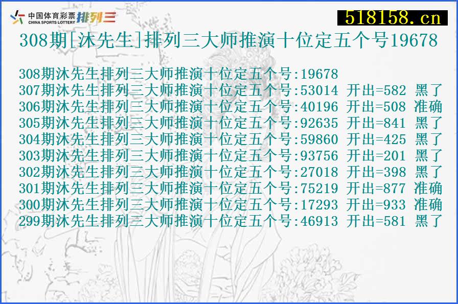 308期[沐先生]排列三大师推演十位定五个号19678