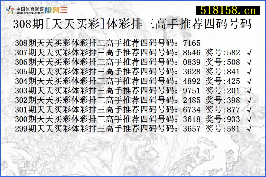 308期[天天买彩]体彩排三高手推荐四码号码