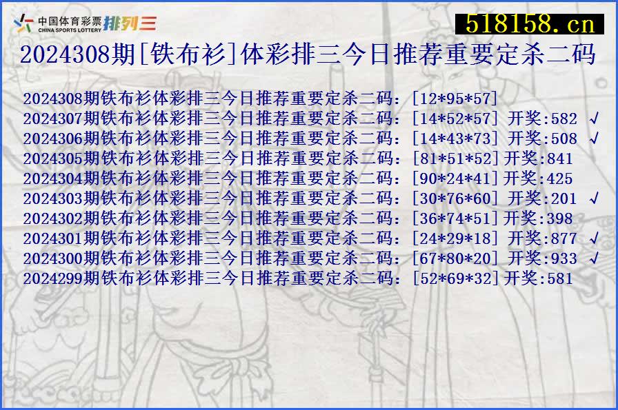 2024308期[铁布衫]体彩排三今日推荐重要定杀二码