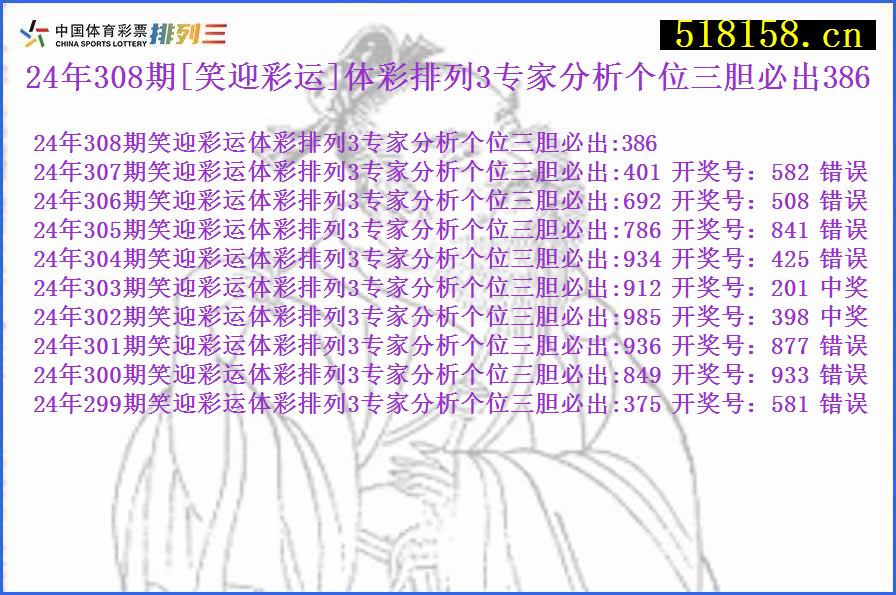 24年308期[笑迎彩运]体彩排列3专家分析个位三胆必出386