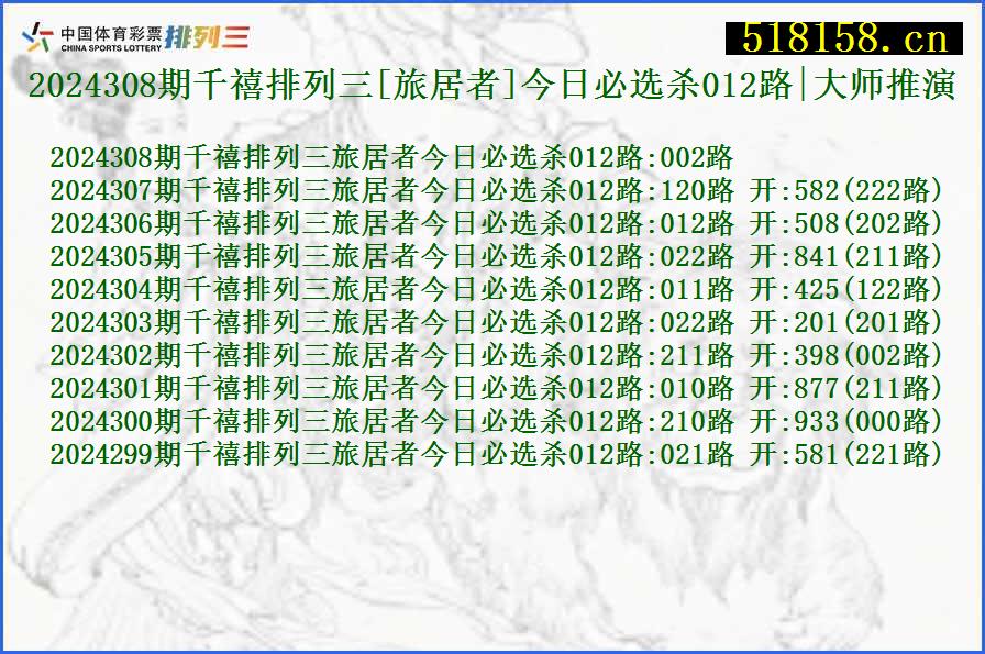 2024308期千禧排列三[旅居者]今日必选杀012路|大师推演