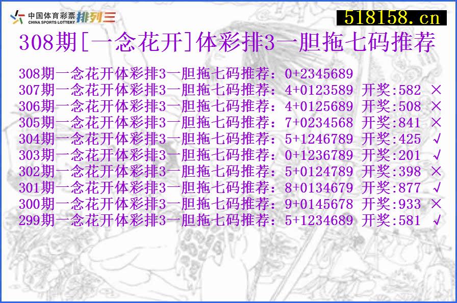 308期[一念花开]体彩排3一胆拖七码推荐