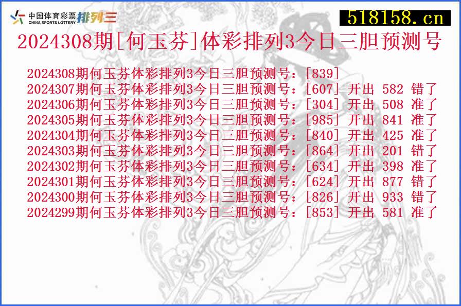 2024308期[何玉芬]体彩排列3今日三胆预测号