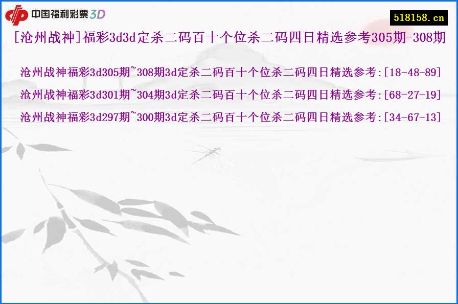 [沧州战神]福彩3d3d定杀二码百十个位杀二码四日精选参考305期-308期