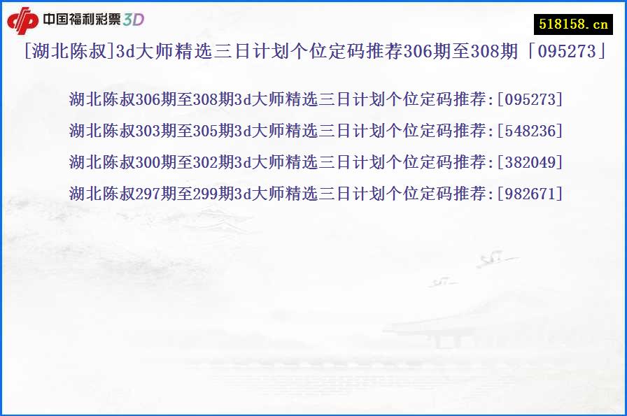 [湖北陈叔]3d大师精选三日计划个位定码推荐306期至308期「095273」