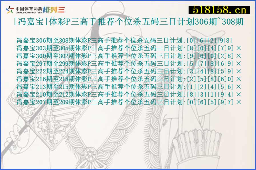 [冯嘉宝]体彩P三高手推荐个位杀五码三日计划306期~308期