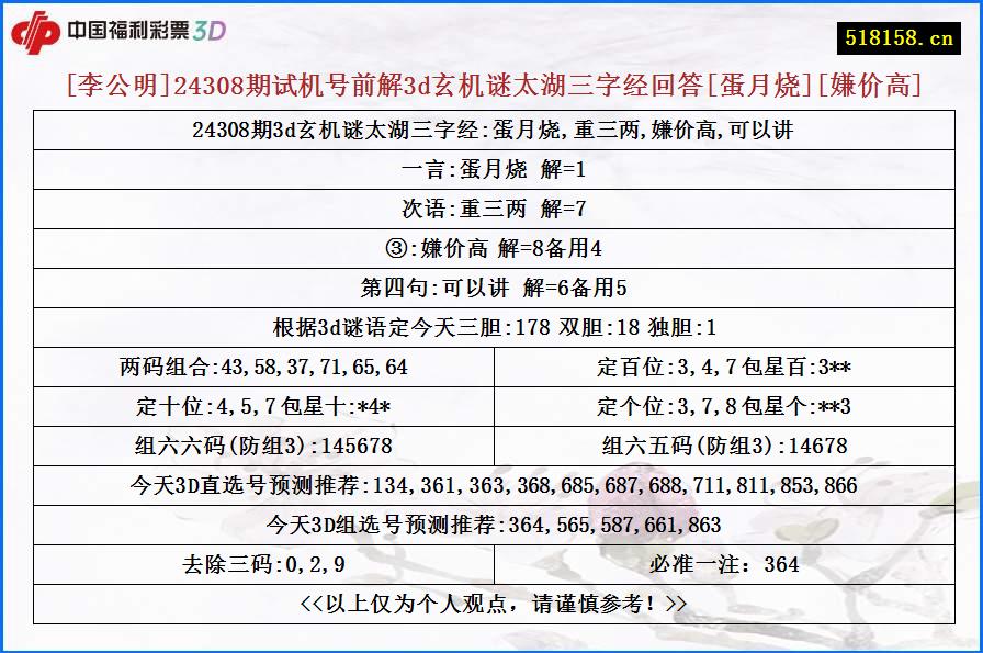 [李公明]24308期试机号前解3d玄机谜太湖三字经回答[蛋月烧][嫌价高]