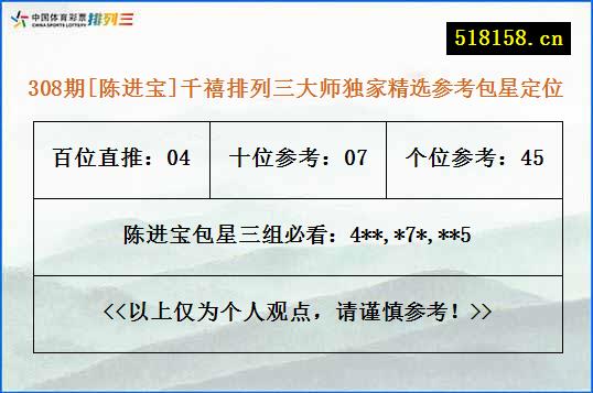 308期[陈进宝]千禧排列三大师独家精选参考包星定位