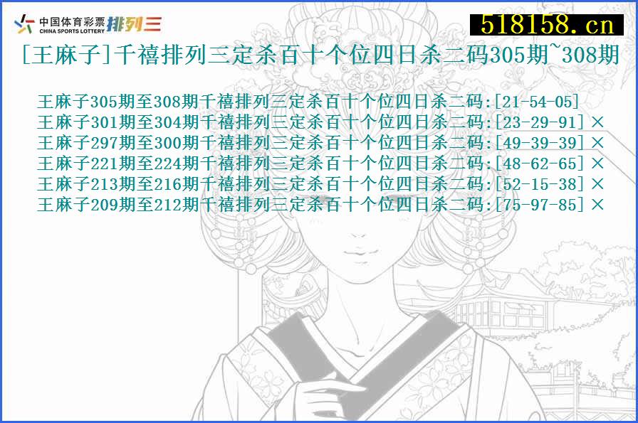 [王麻子]千禧排列三定杀百十个位四日杀二码305期~308期