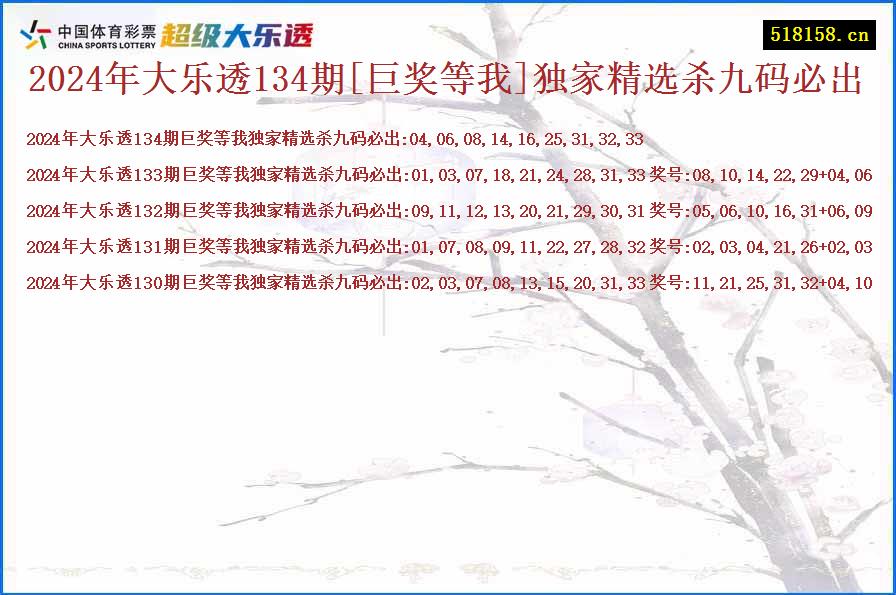 2024年大乐透134期[巨奖等我]独家精选杀九码必出