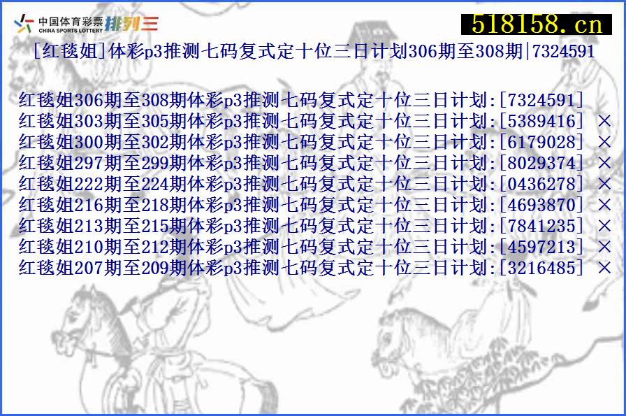 [红毯姐]体彩p3推测七码复式定十位三日计划306期至308期|7324591