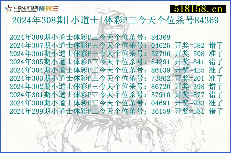 2024年308期[小道士]体彩P三今天个位杀号84369