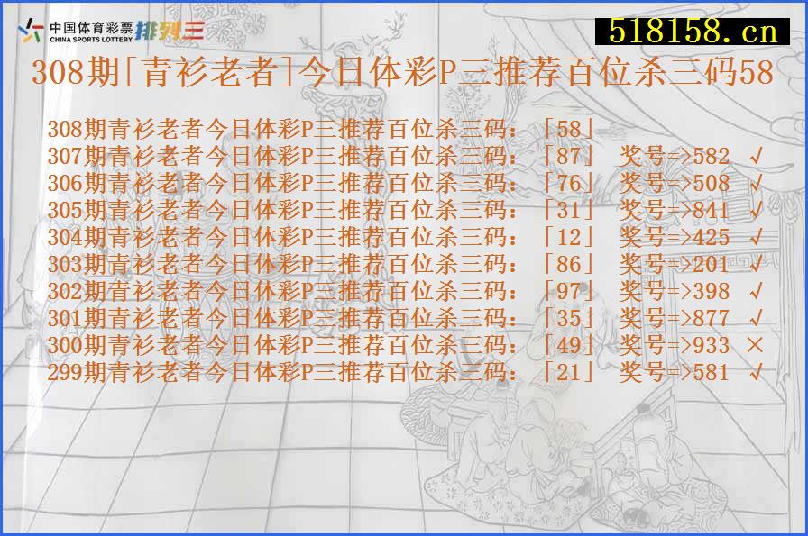 308期[青衫老者]今日体彩P三推荐百位杀三码58