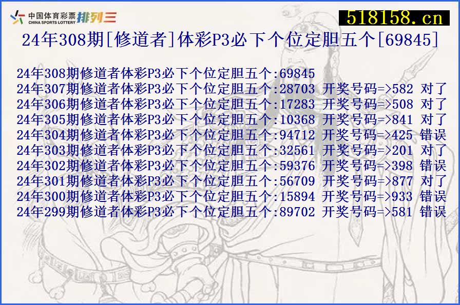 24年308期[修道者]体彩P3必下个位定胆五个[69845]