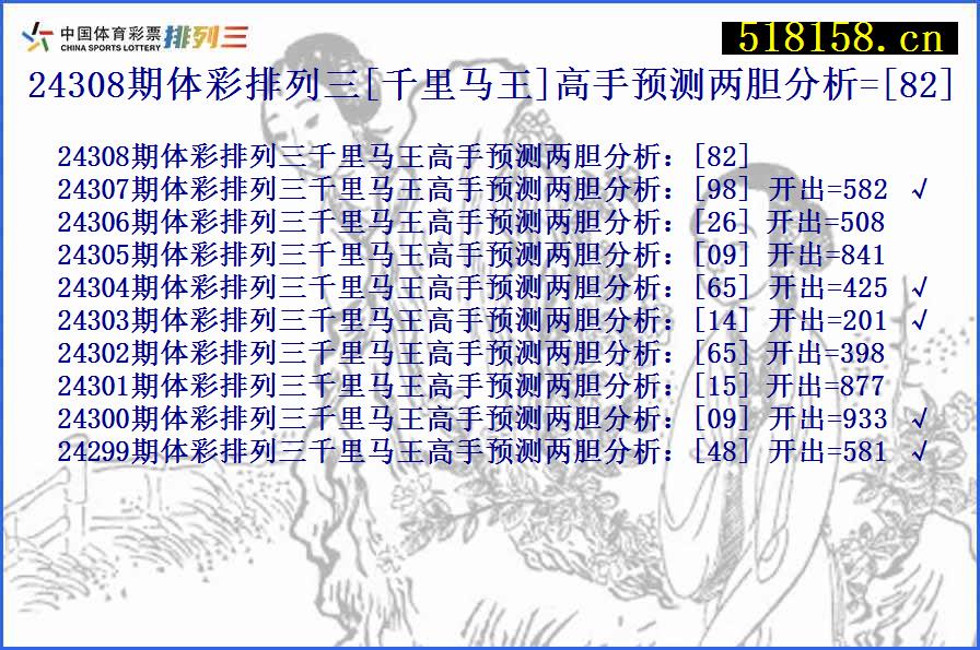 24308期体彩排列三[千里马王]高手预测两胆分析=[82]