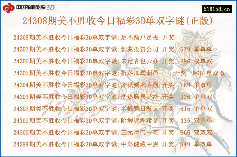 24308期美不胜收今日福彩3D单双字谜(正版)