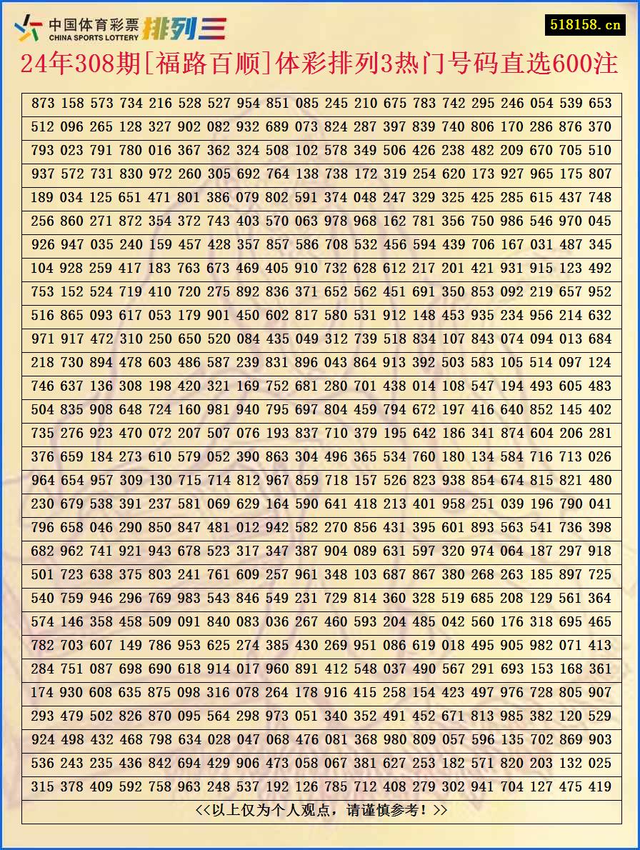 24年308期[福路百顺]体彩排列3热门号码直选600注