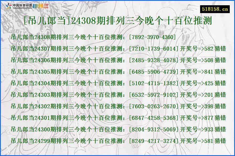 [吊儿郎当]24308期排列三今晚个十百位推测