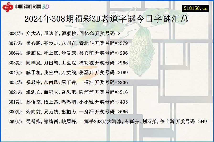 2024年308期福彩3D老道字谜今日字谜汇总